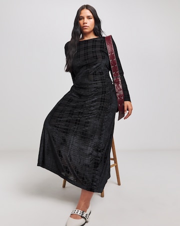 Black Check Velour Midi Dress