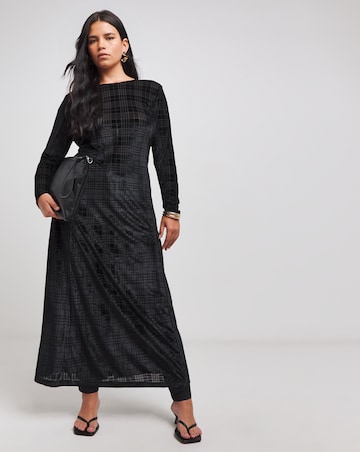 Black Check Velour Midi Dress
