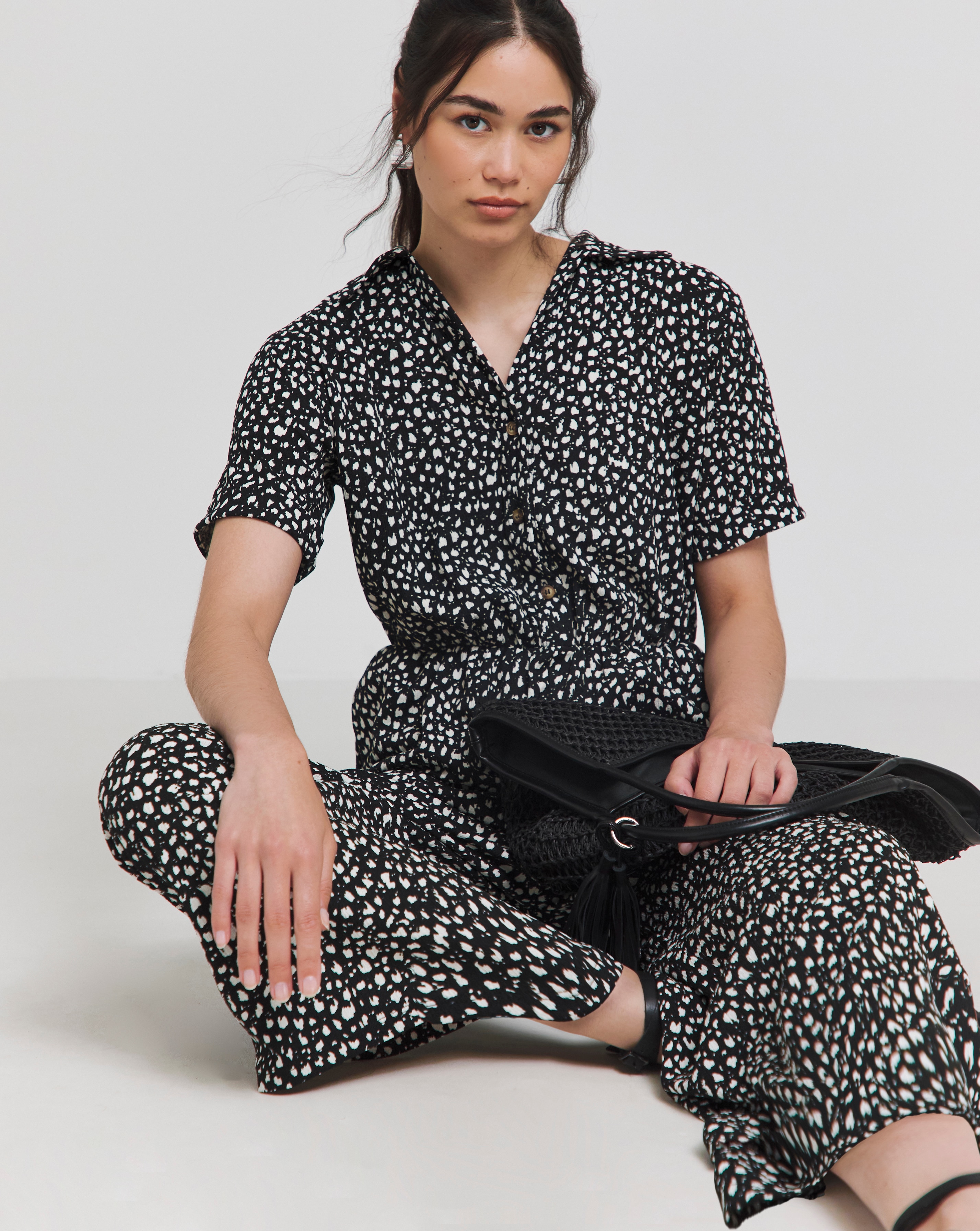 Black Printed Waffle Wide Leg Jumpsuit