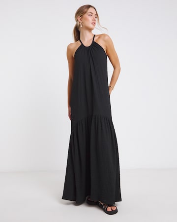 Black Textured Jersey Drop Waist Maxi Dress