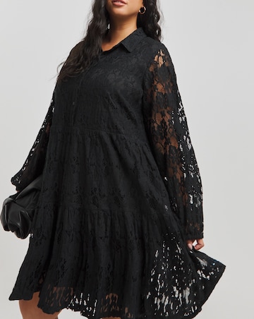 Black Lace Smock Shirt Dress