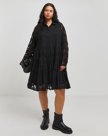 Black Lace Smock Shirt Dress