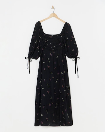 Black Floral Print Soft Volume Midi Dress
