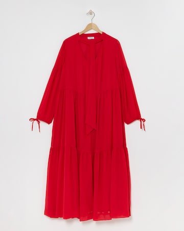 Red Tiered Romantic Maxi Dress With Tie Detail