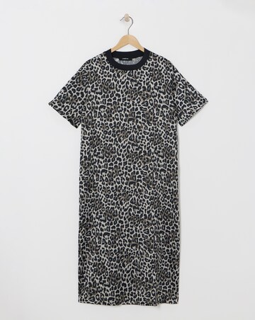 Leopard Print Satin Midi T-Shirt Dress