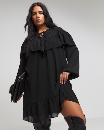 Black Crinkle Georgette Frill Smock Dress