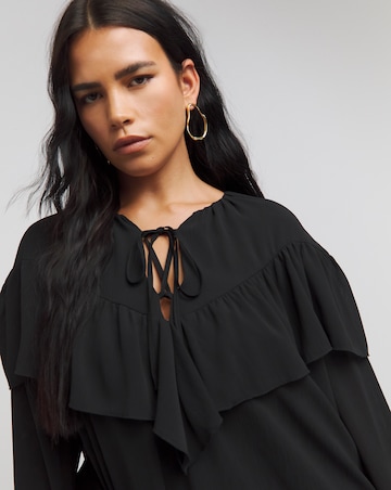 Black Crinkle Georgette Frill Smock Dress