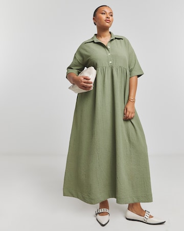 Khaki Utility Midi Shirt Dress With Pockets