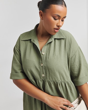 Khaki Utility Midi Shirt Dress With Pockets