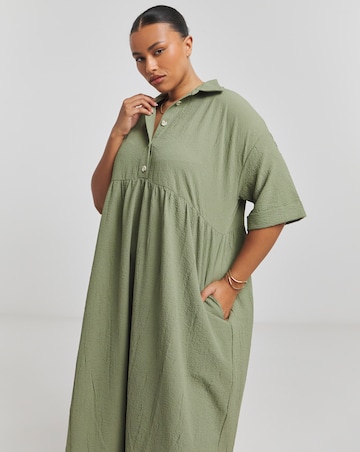 Khaki Utility Midi Shirt Dress With Pockets