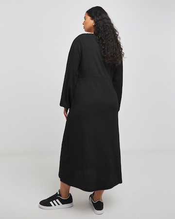 Black Long Sleeve Waffle Lace Trim Midi Dress