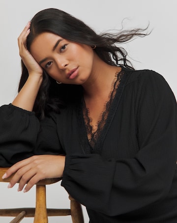 Black Long Sleeve Waffle Lace Trim Midi Dress