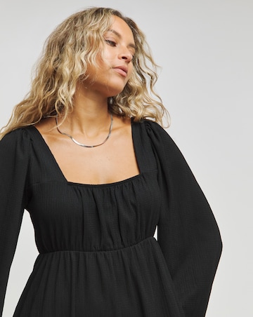 Black Square Neck Textured Waffle Jersey Midi Dress