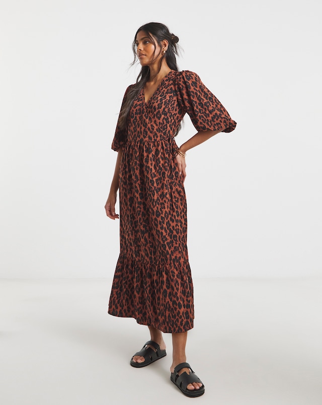 Simply Be Animal Print Puff Sleeve Woven Wrap Midi Dress