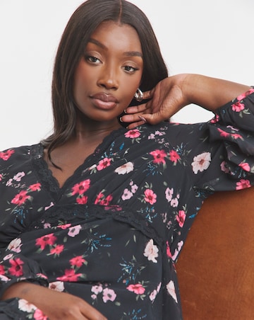 Black Floral Lace Trim Skater Dress