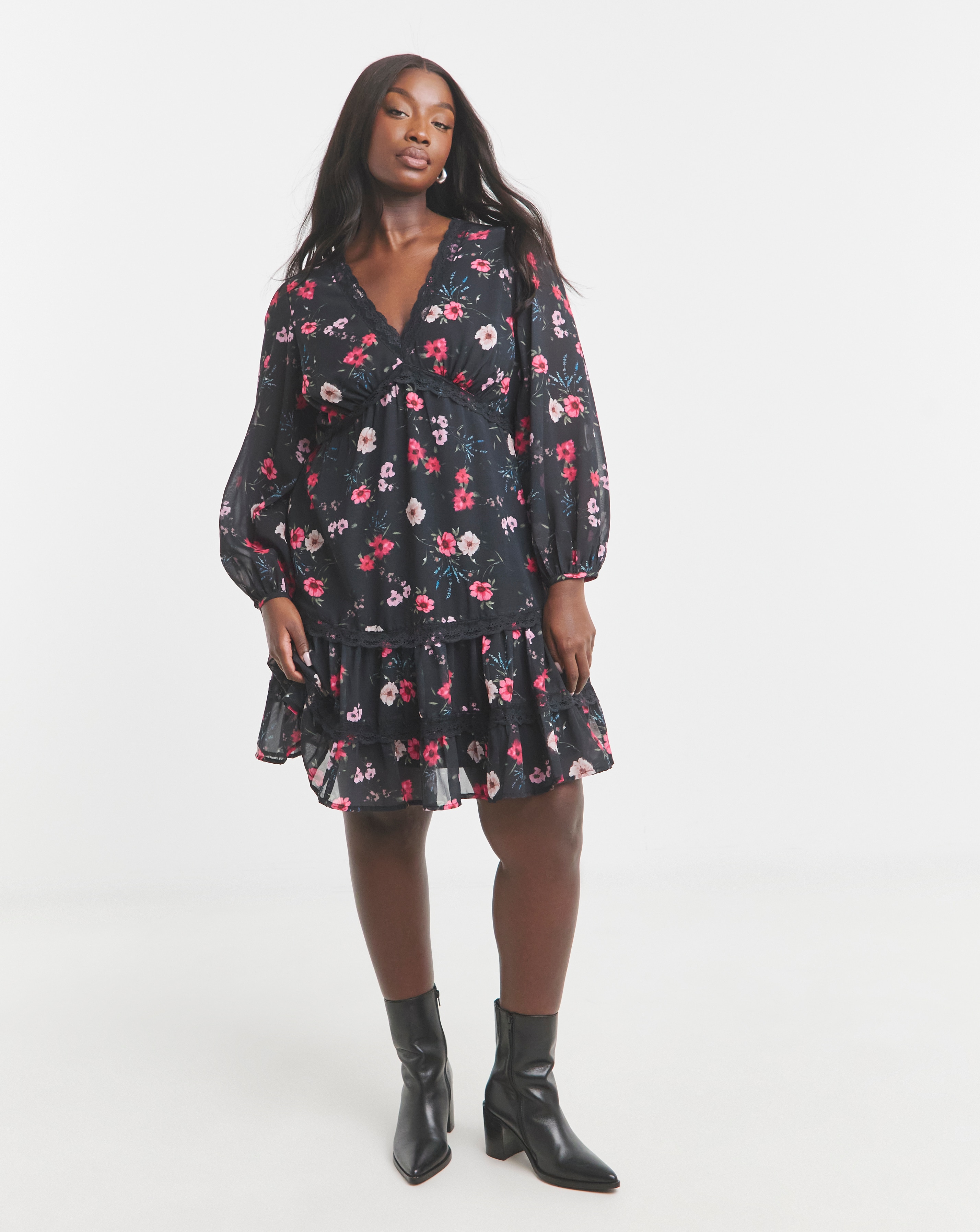 Black Floral Lace Trim Skater Dress