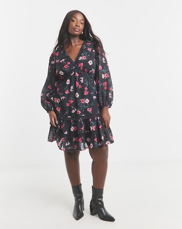 Black Floral Lace Trim Skater Dress