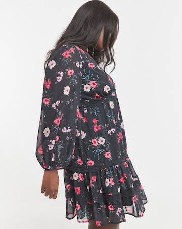 Black Floral Lace Trim Skater Dress