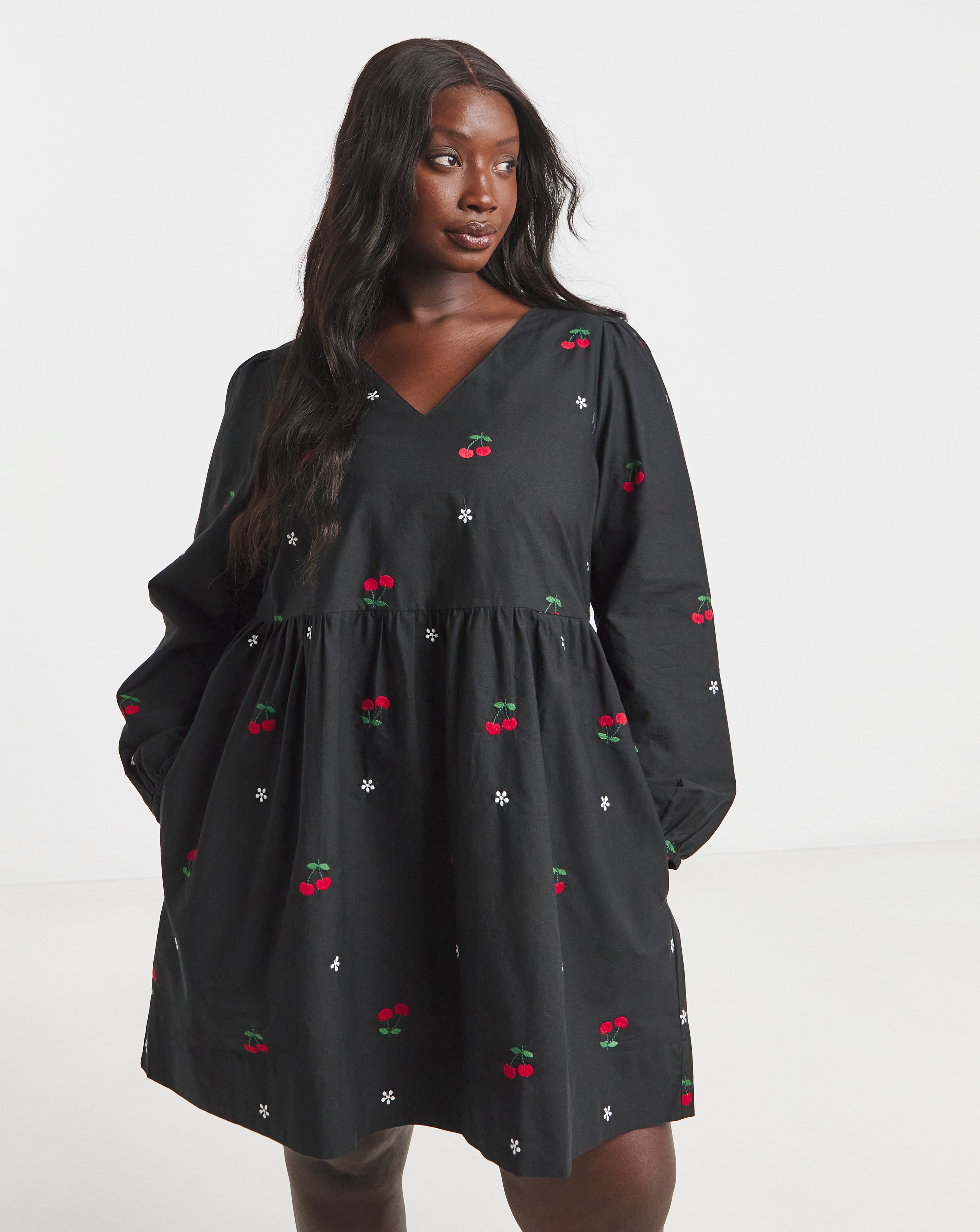 Cherry Embroidered Smock Dress