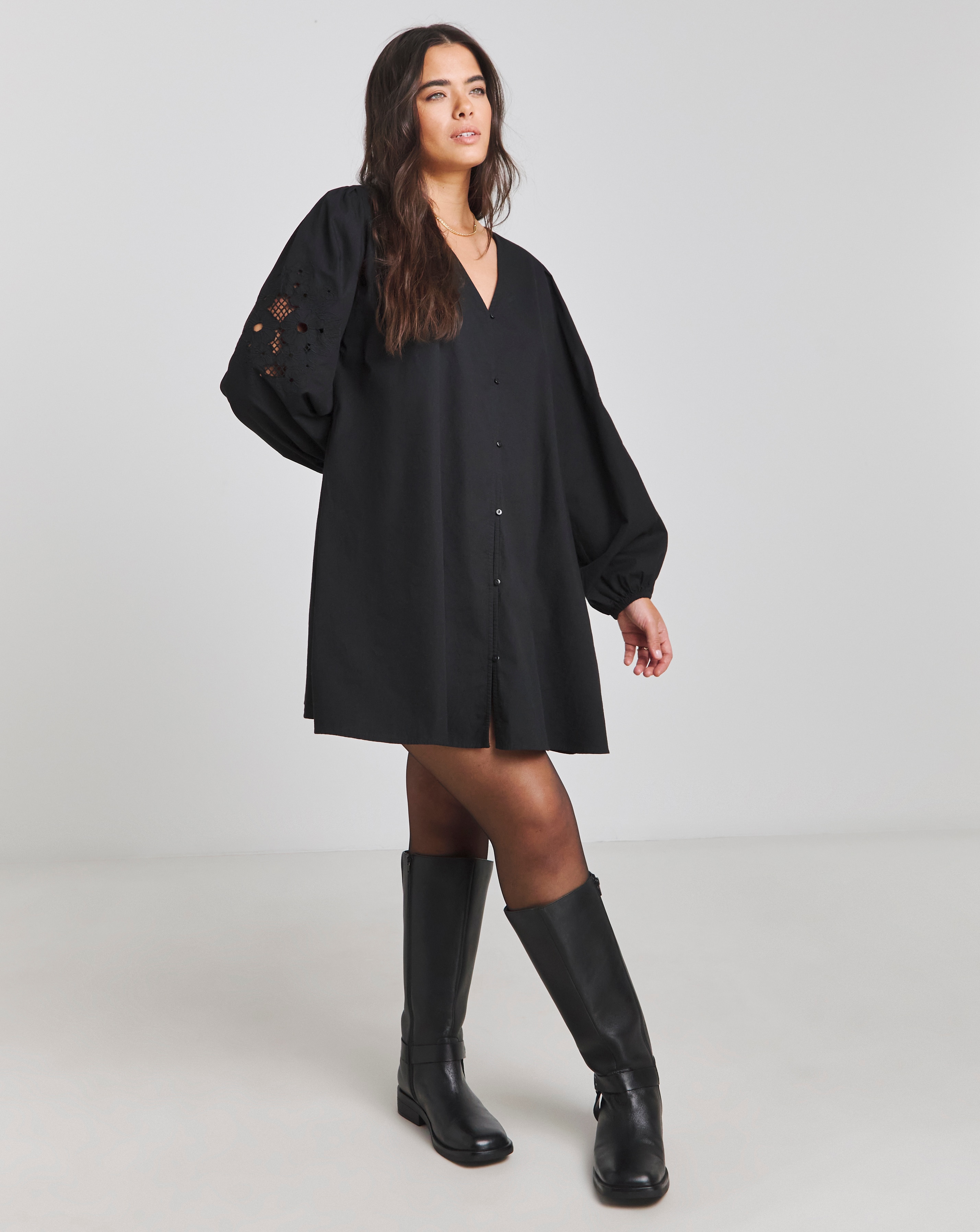 Black Embroidered Sleeve Swing Dress