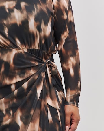 Brown Blur Print Wrap Front Mesh Midi Dress