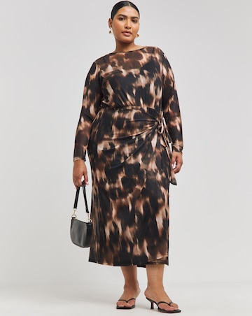 Brown Blur Print Wrap Front Mesh Midi Dress