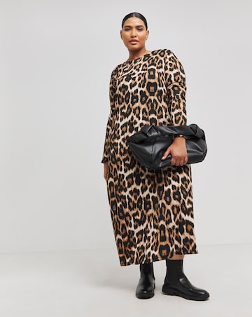 Leopard Print Textured Waffle Jersey Midi Dress