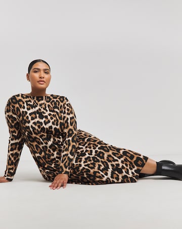 Leopard Print Textured Waffle Jersey Midi Dress