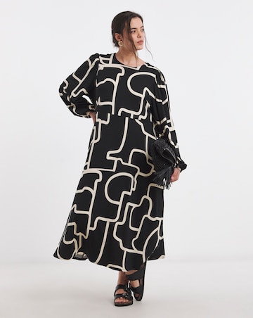 Simply Be Black Print Supersoft Midi Dress With Tie Back Detail