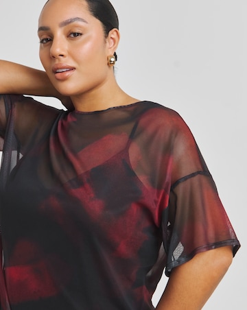 Red Blur Printed Mesh T-Shirt Dress
