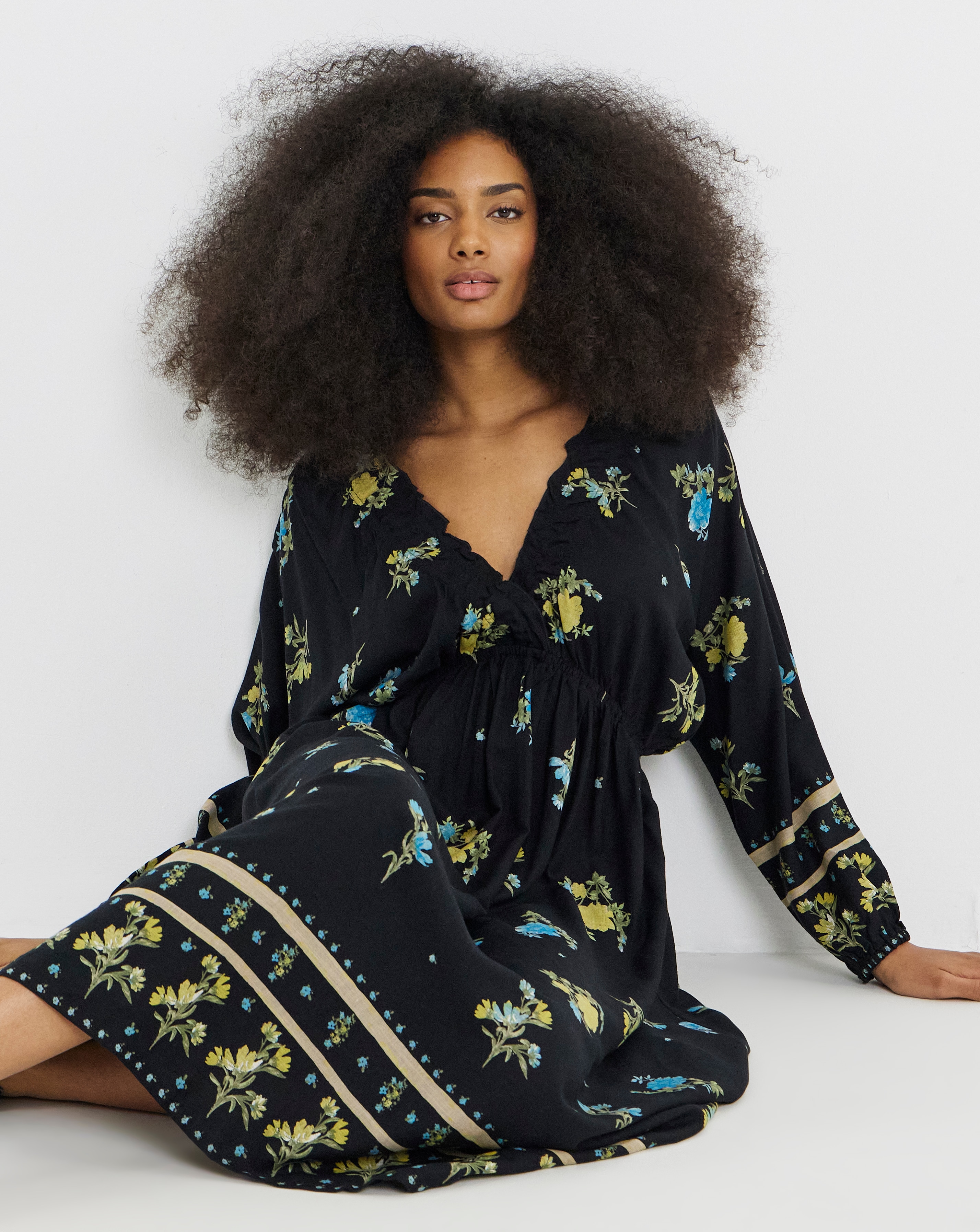 Black Floral Printed Linen Blend Midi