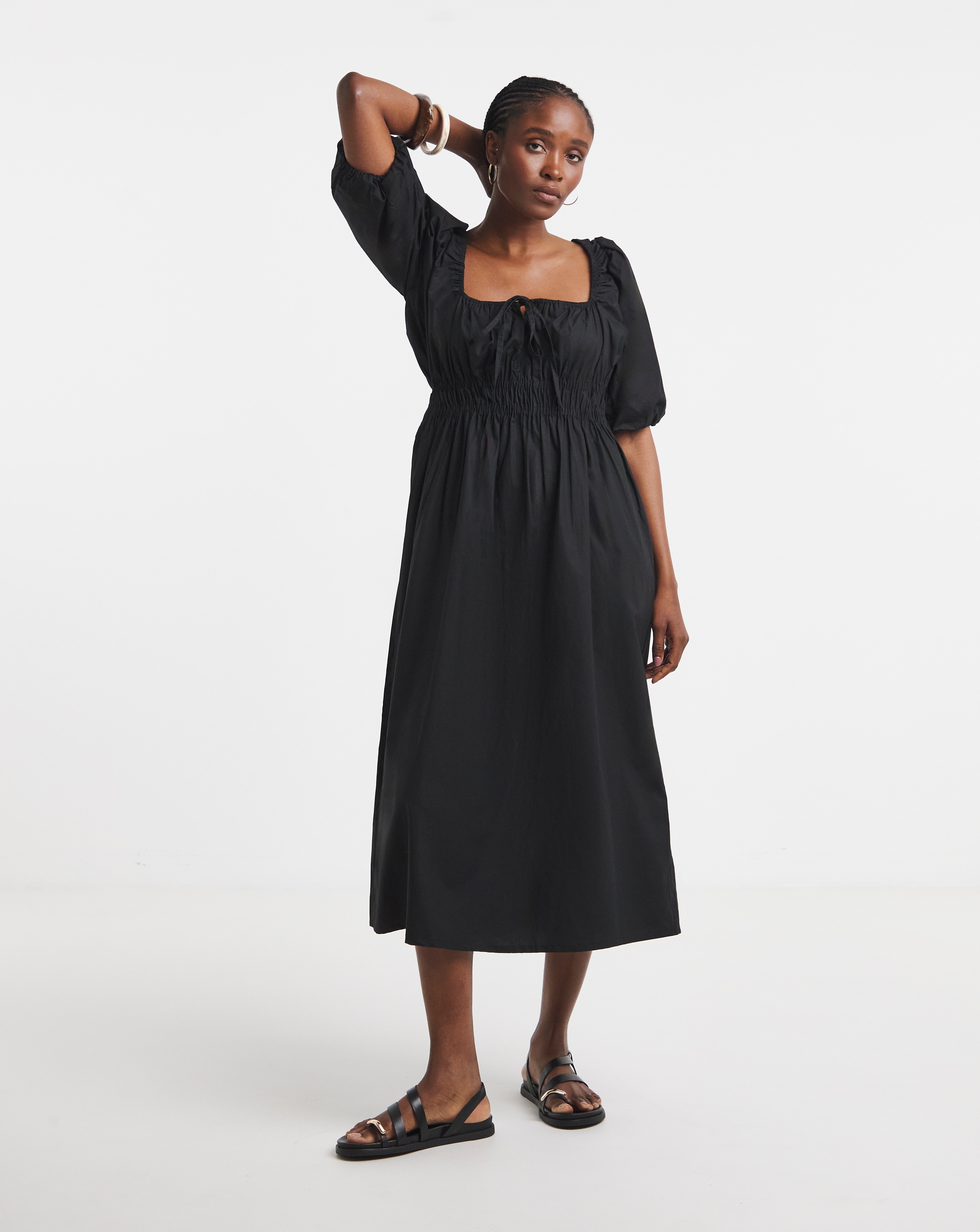 Black Cotton Poplin Tie Front Midi Dress