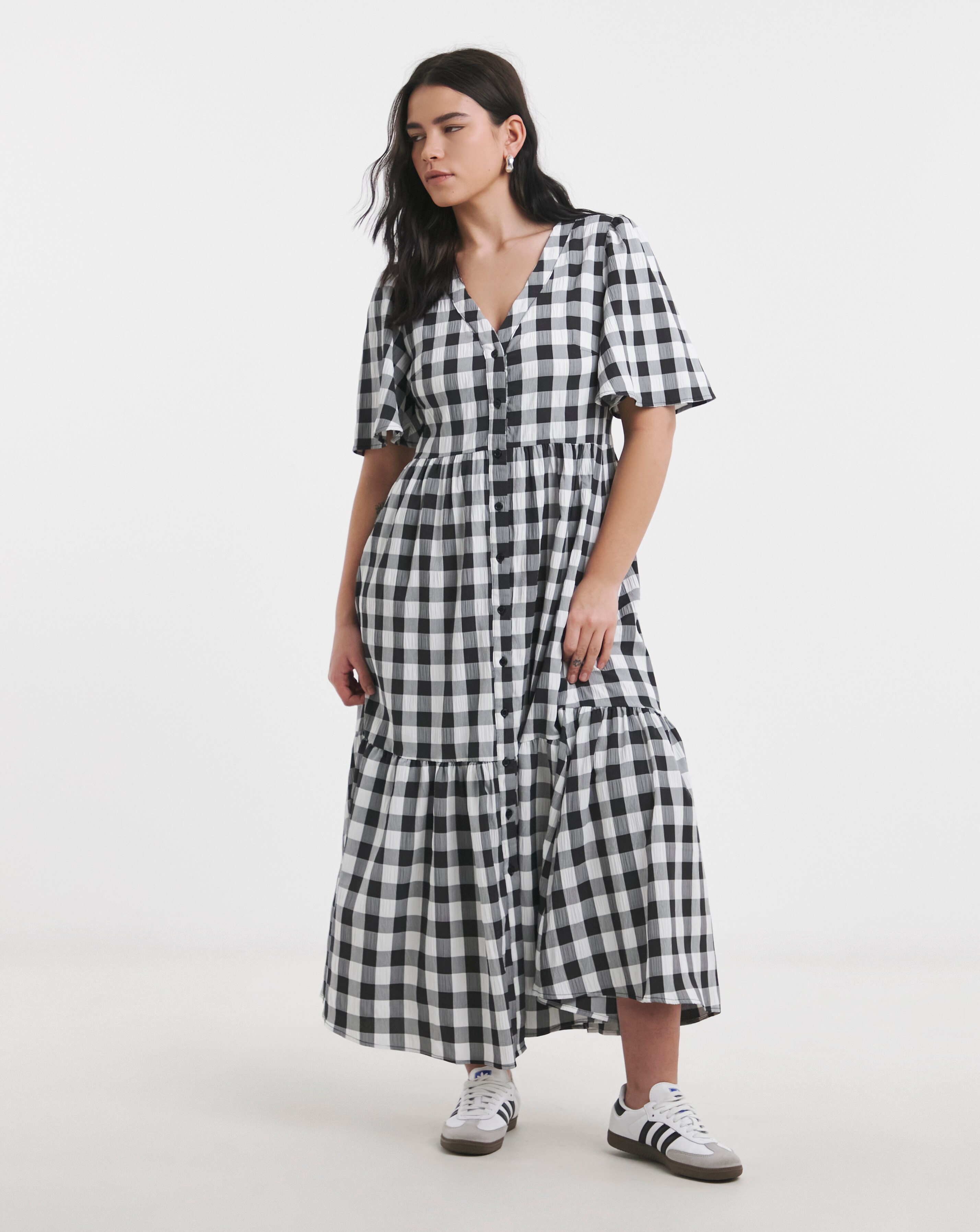 Simply Be Mono Check Gingham Button Up Midi Dress