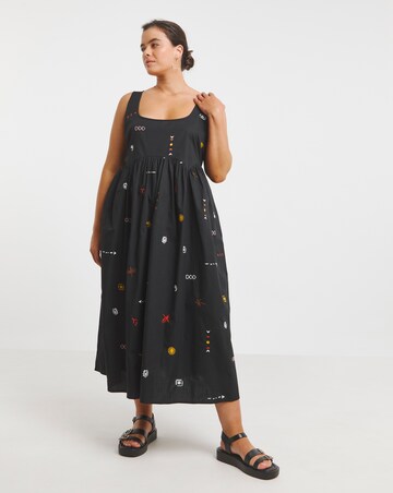 Black Embroidered Poplin Apron Dress