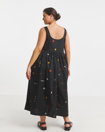 Black Embroidered Poplin Apron Dress