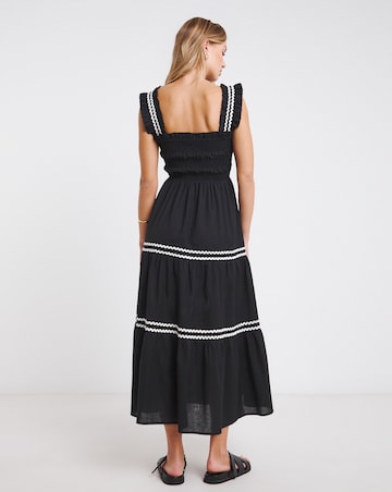 Black Shirred Midi Dress with Scallop Detail