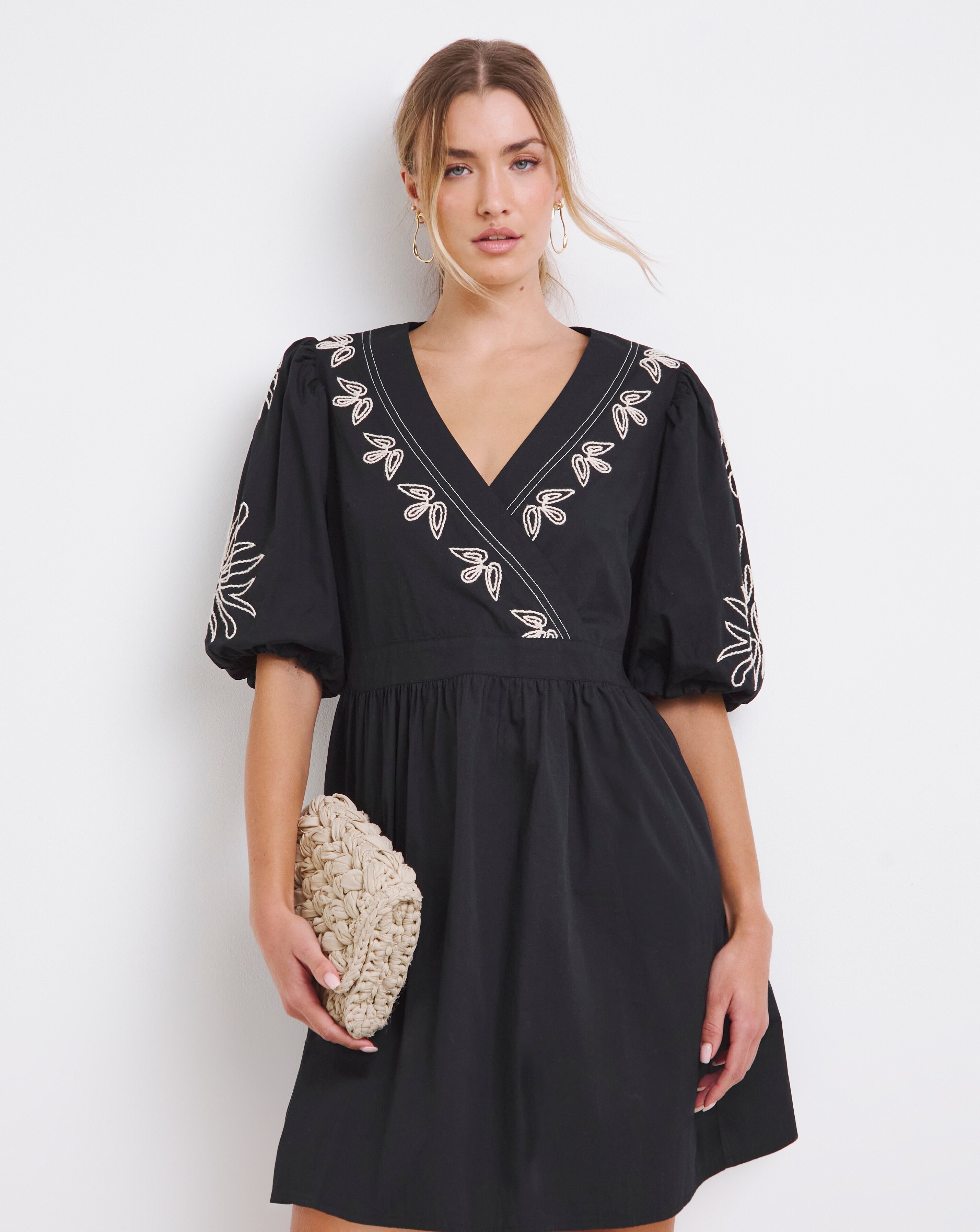 Simply Be Black Embroidered Cotton Poplin Wrap Dress