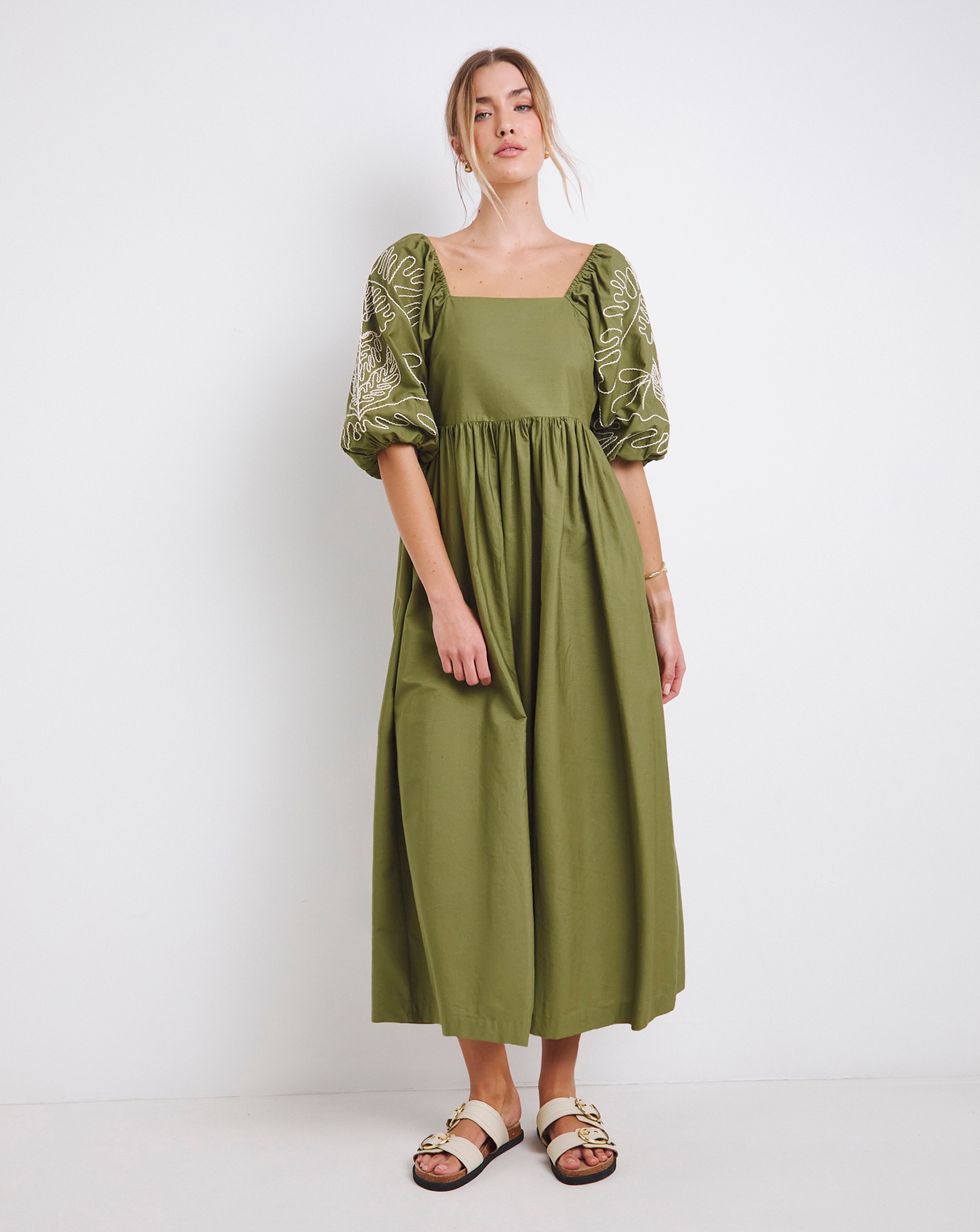 Khaki Embroidered Midi Dress