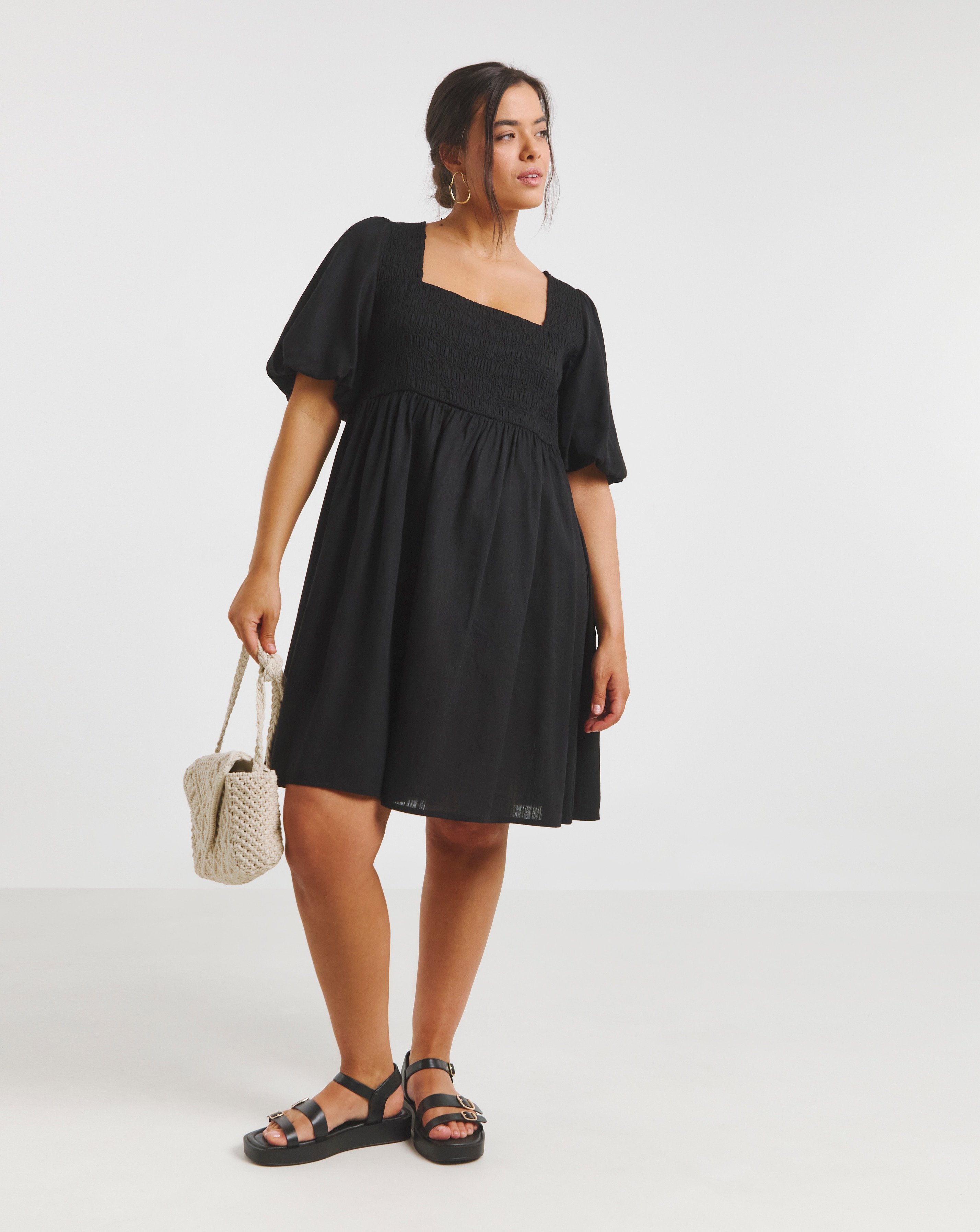 Black Linen Blend Shirred Skater Dress