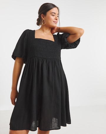 Black Linen Blend Shirred Skater Dress