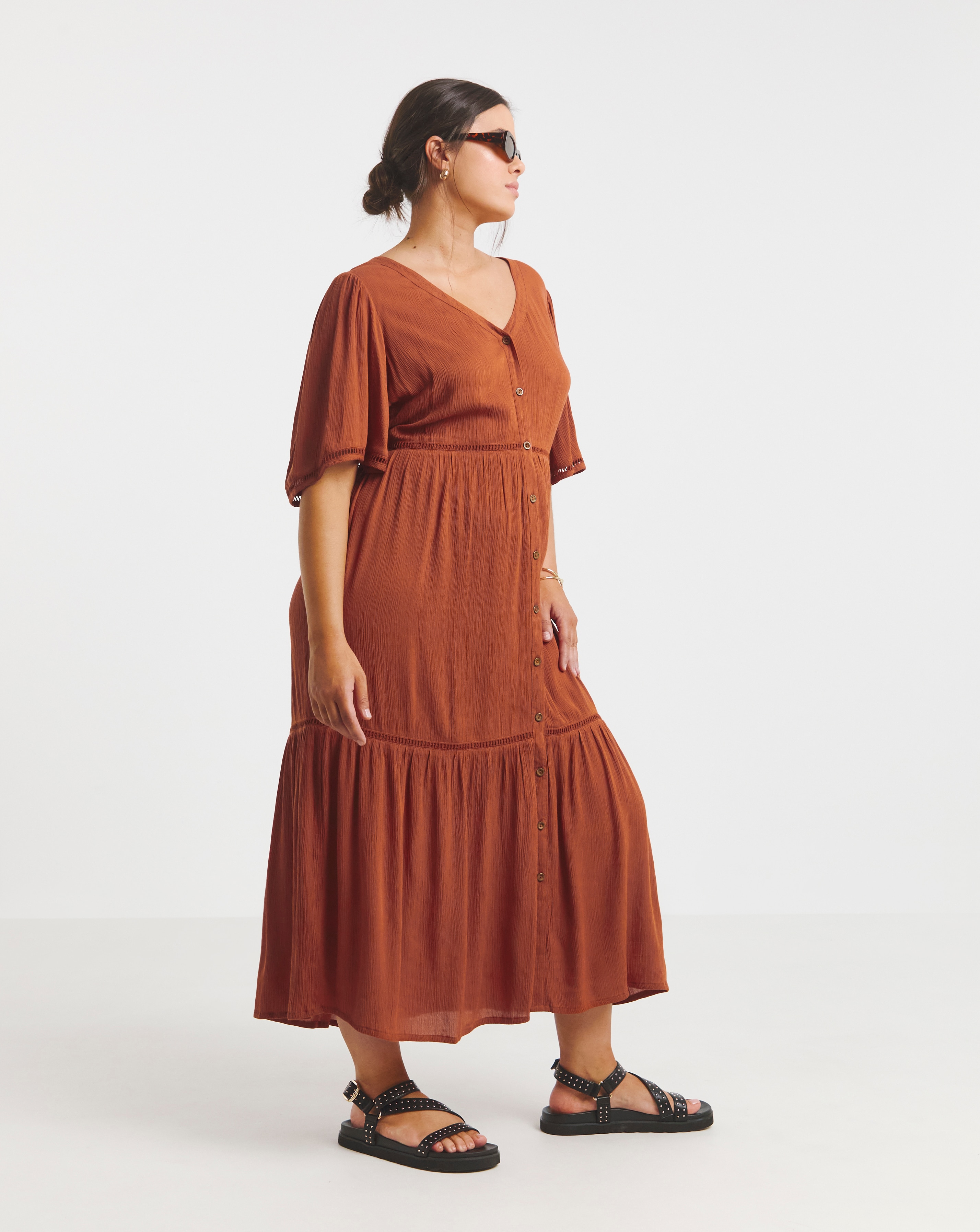 Rust Crinkle Tiered Maxi Dress
