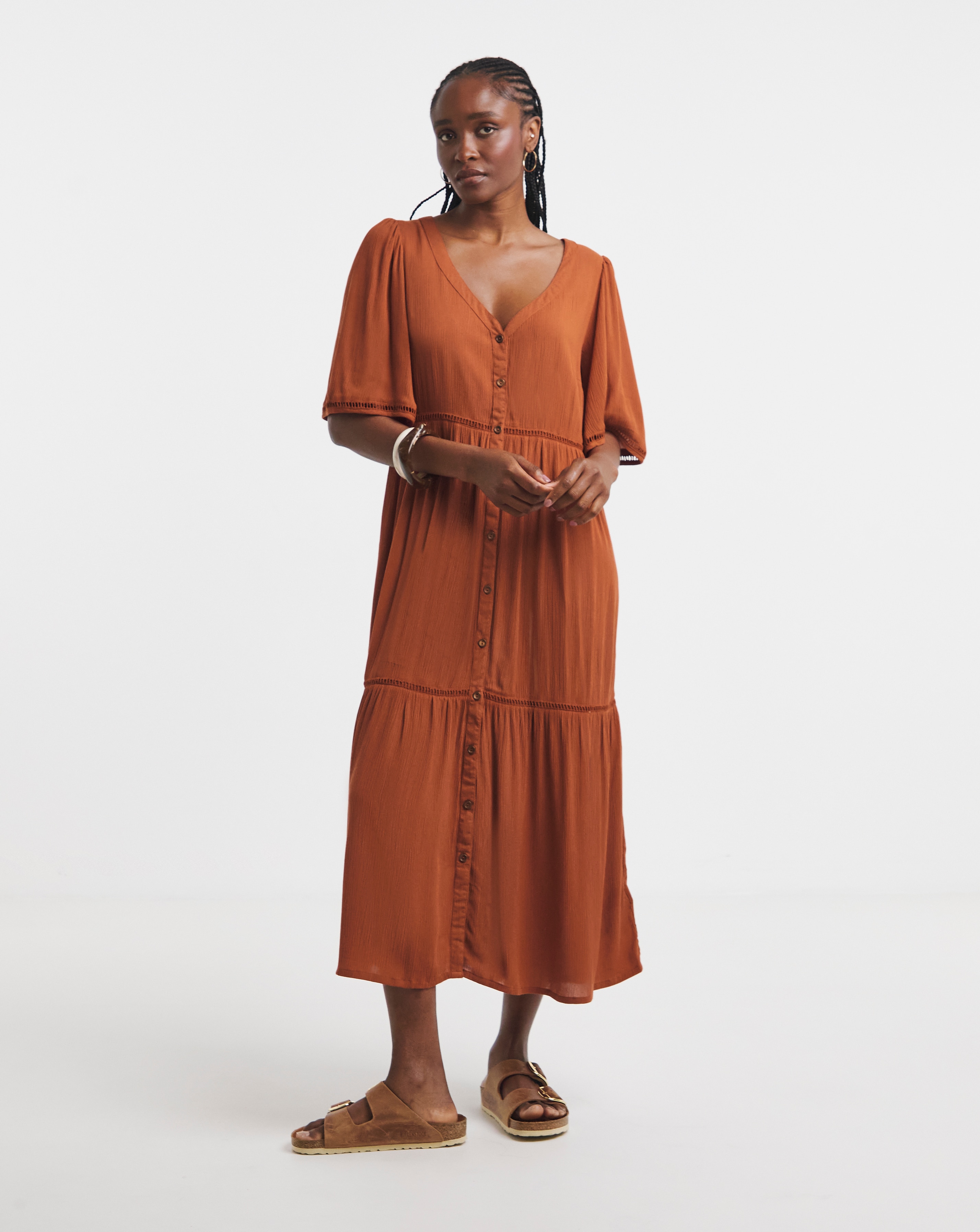 Rust Crinkle Tiered Maxi Dress