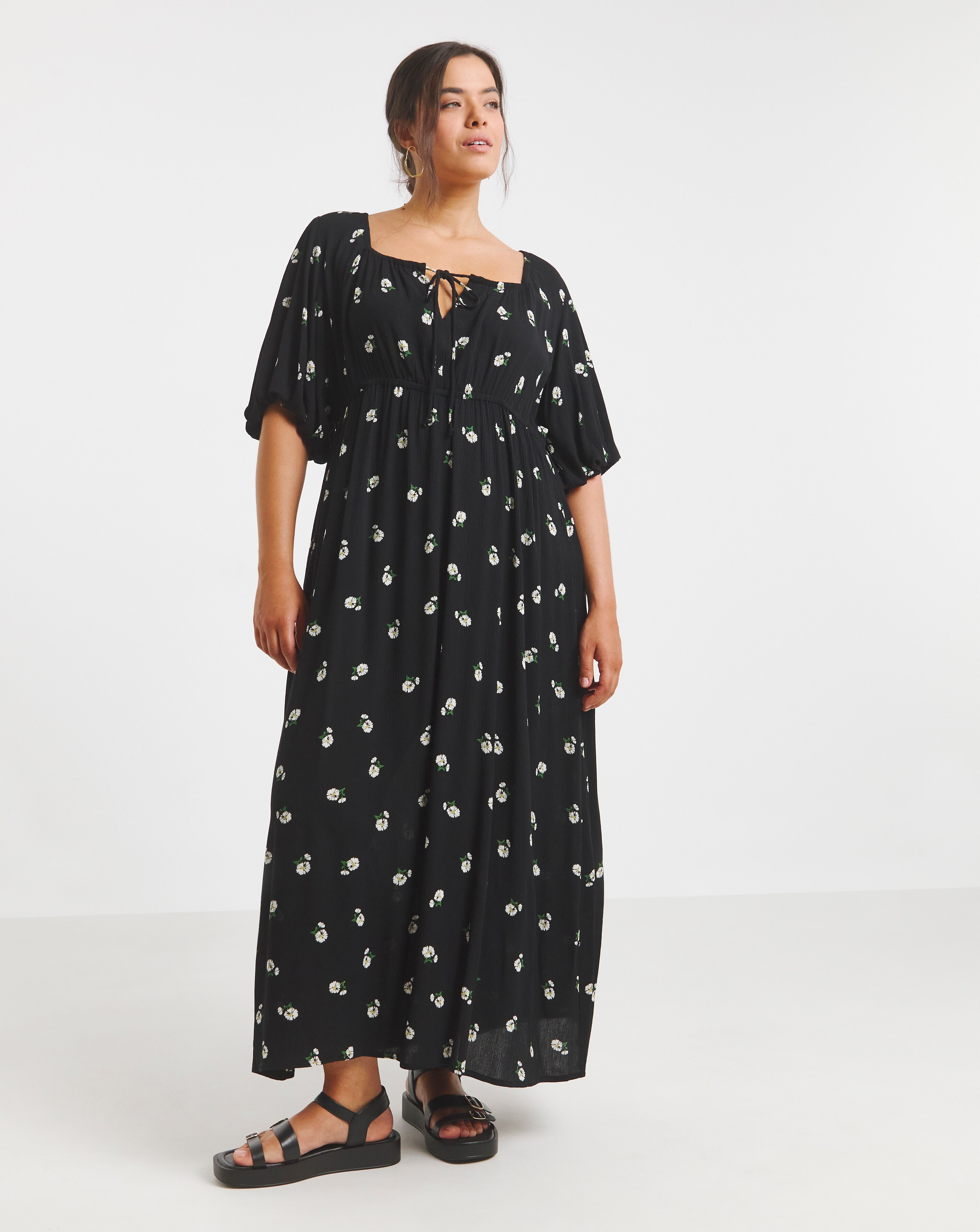 Simply Be Black Print Crinkle Goddess Midi Dress