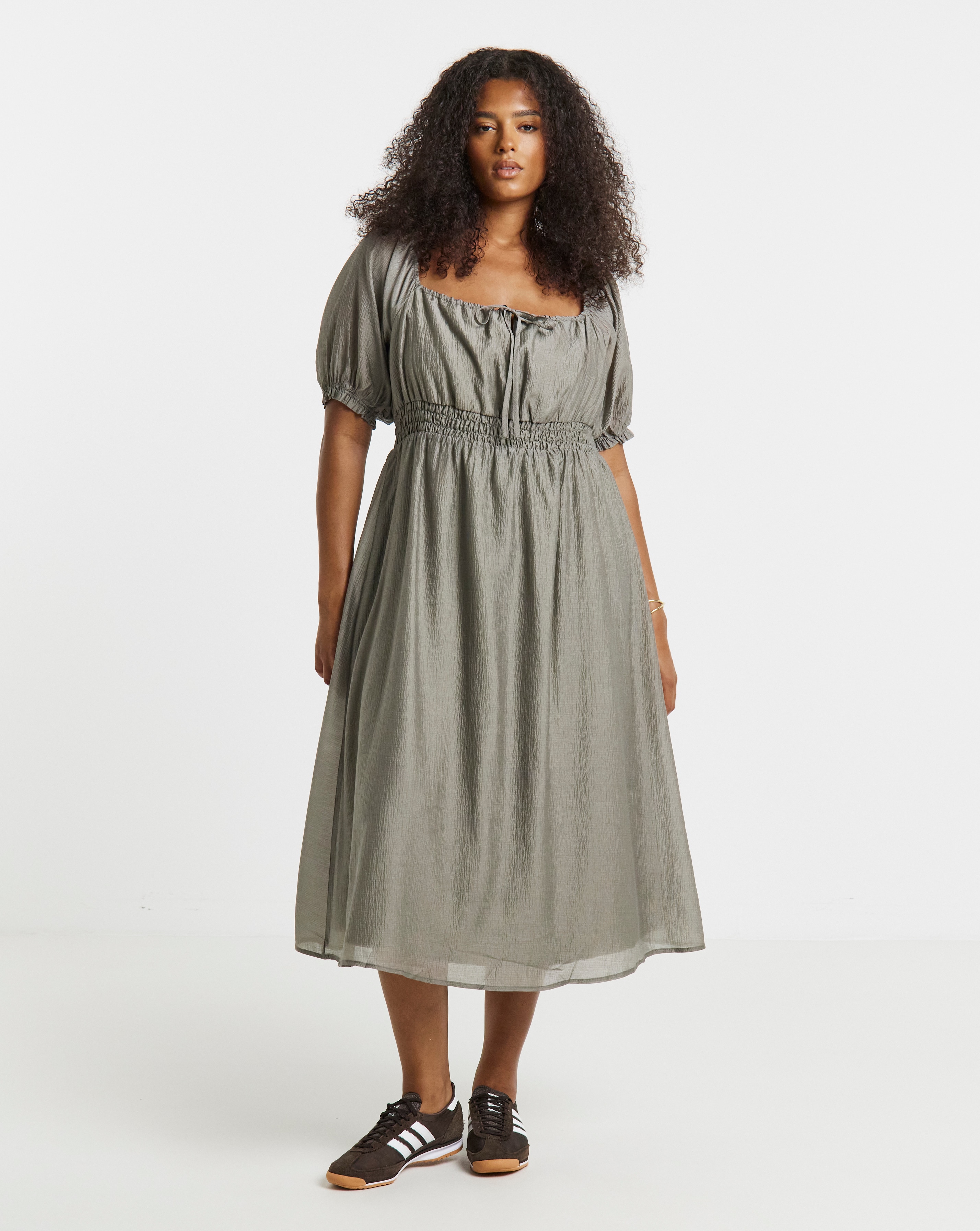 Sage Shirred Milkmaid Midi Dress