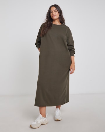Olive Green Relaxed Fit Midi Sweat Dress With Pockets
