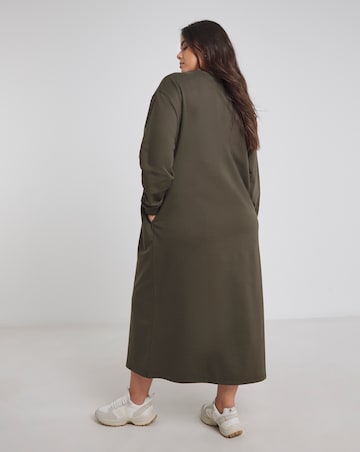 Olive Green Relaxed Fit Midi Sweat Dress With Pockets