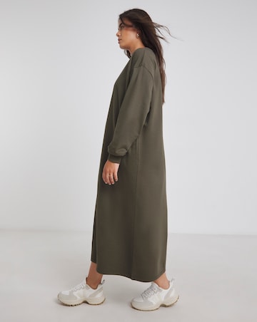 Olive Green Relaxed Fit Midi Sweat Dress With Pockets