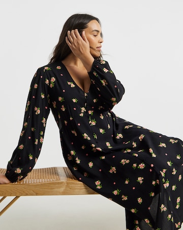 Simply Be Black Ditsy Floral Print Spun Viscose Button Through Midi Dress