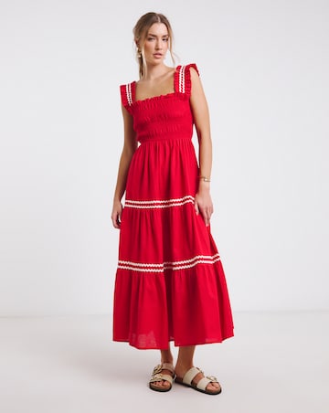 Red Shirred Midi Dress with Scallop Detail