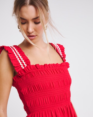 Red Shirred Midi Dress with Scallop Detail